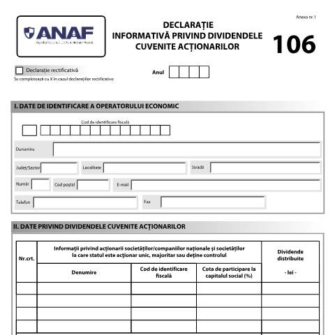 Document preview: Declarație informativă privind dividendele cuvenite acționarilor (OPANAF 1292/2014) — Declarații informative, România (CERFA n°dec_106_2014)